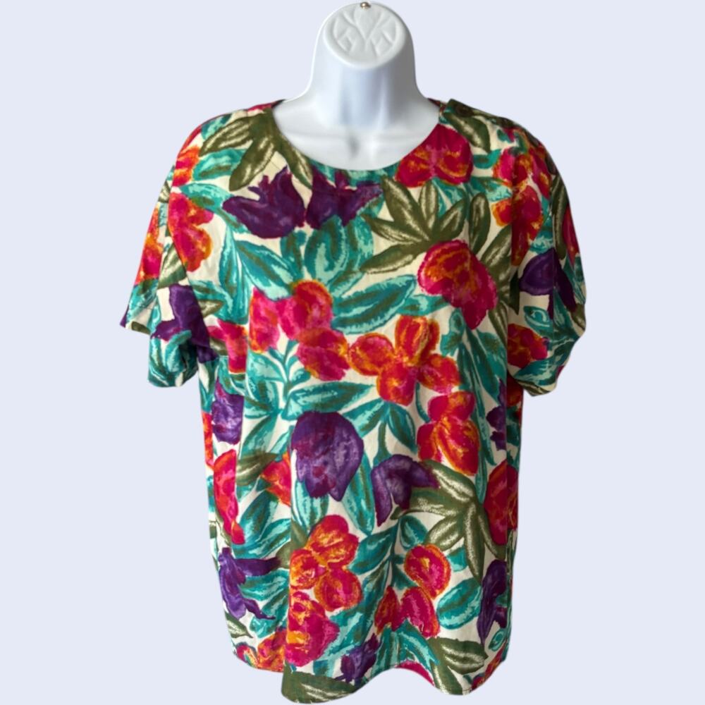 Cristin Stevens Vintage Floral Blouse - Multicolor Short Sleeve 90s Boho